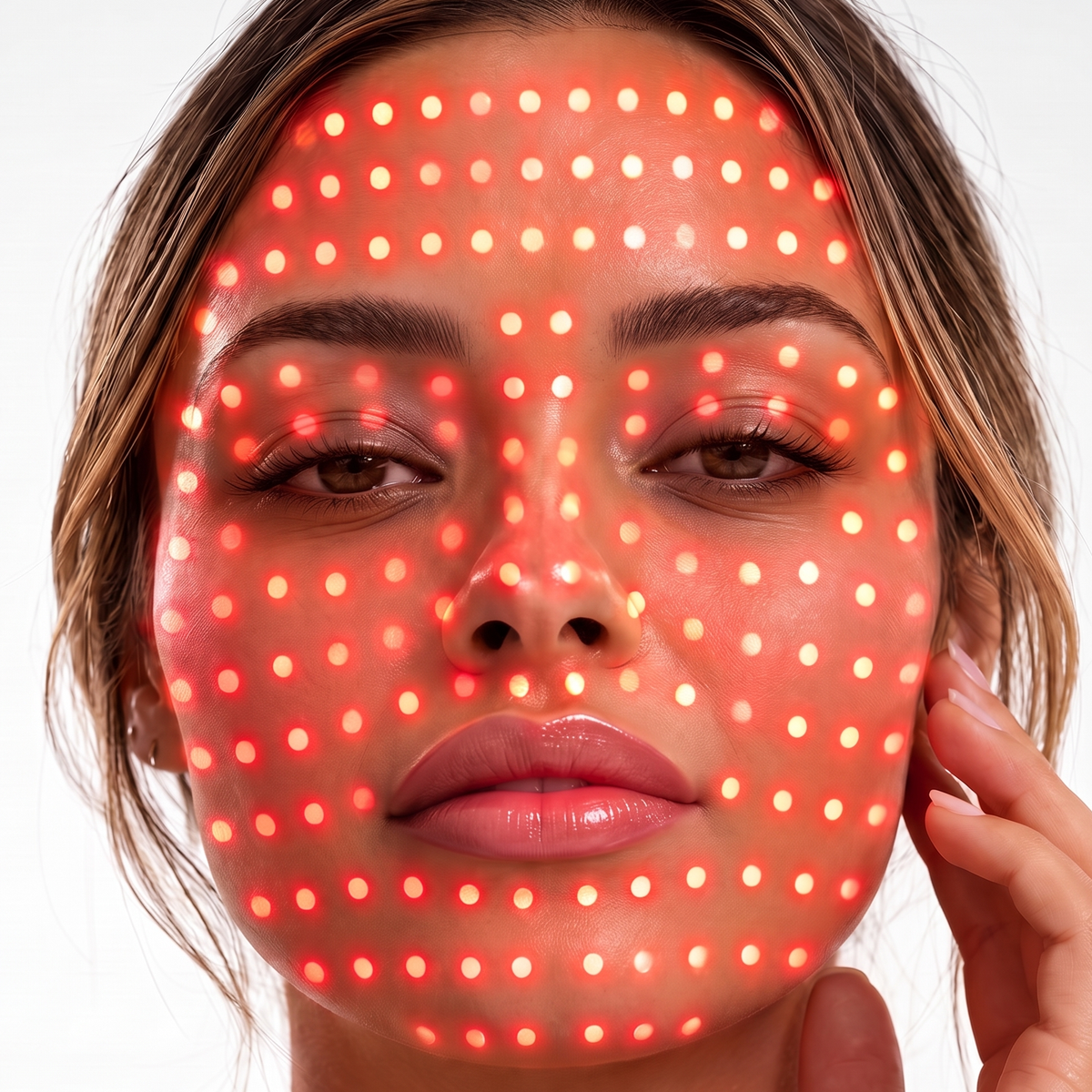 Visage éclairé par la grille de points LED rouges du masque Zenoza, du front au menton