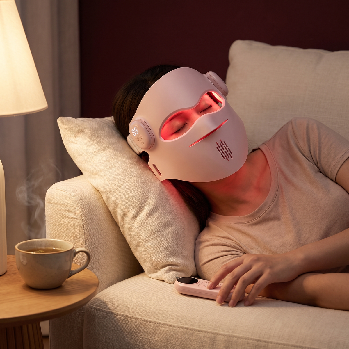 Femme détendue sur son canapé le soir, portant le masque LED Zenoza allumé