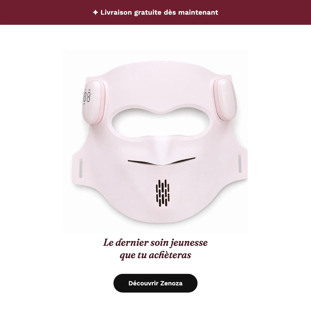 Masque LED visage Zenoza rose pâle, vue de face sur fond blanc