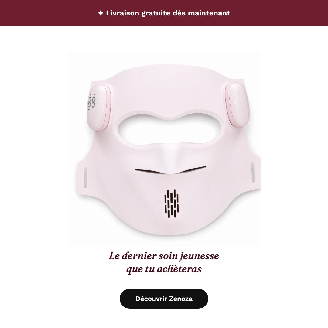 Masque LED visage Zenoza rose pâle, vue de face sur fond blanc