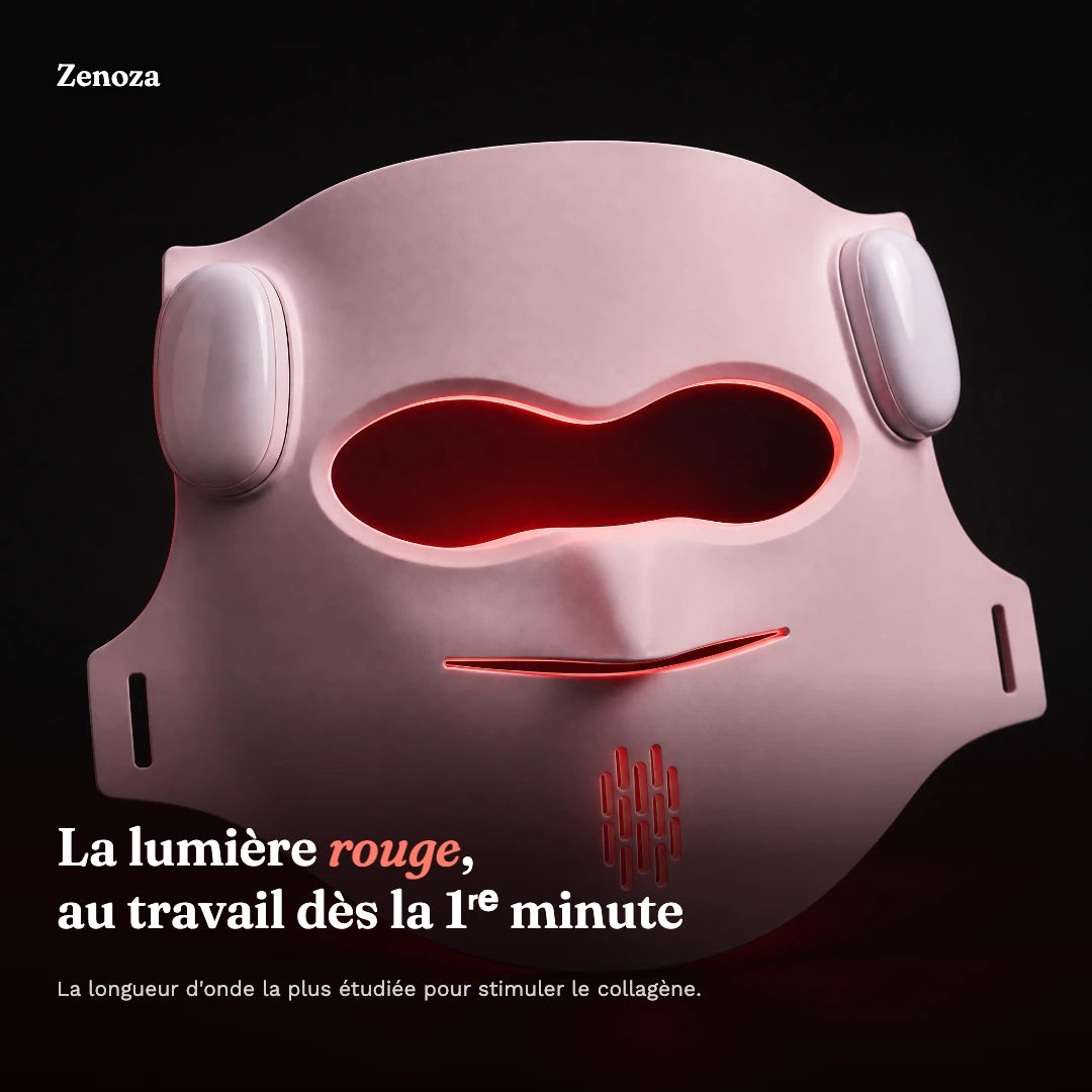 Masque LED Zenoza allumé en lumière rouge sur fond noir